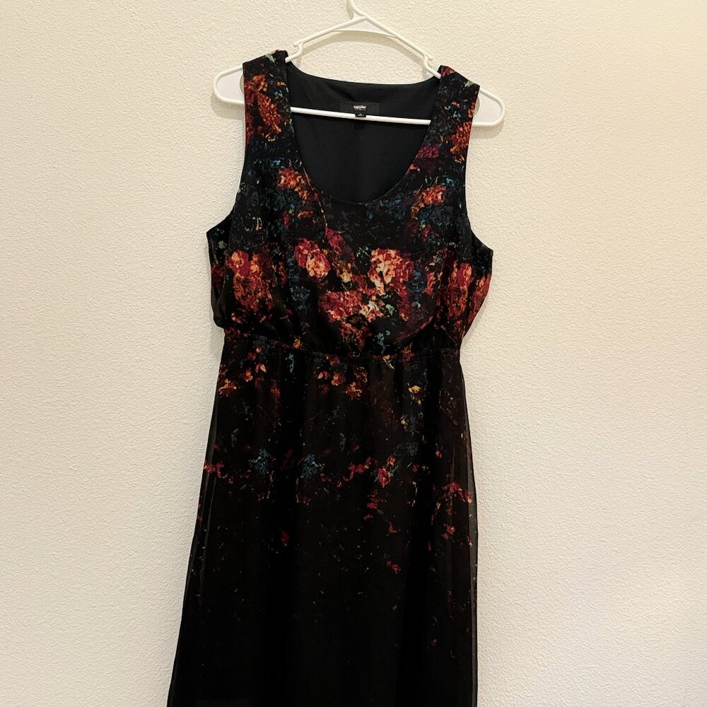 Formal Black Midi Asymmetrical Dress, Abstract Floral, Women Size Medium